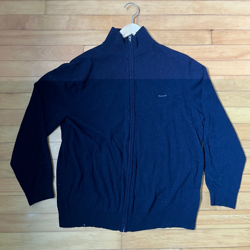 Gant Mens Full Zip Cardigan Sweater Navy Blue Mock Neck Knit Logo Size XL